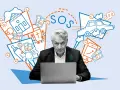 Ernsthafter Mann am Laptop, umgeben von Symbolen für Haus, Auto, Baby, Geld und SOS. Hilfe bei Fragen zu kostenlose rechtsberatung mietrecht.