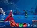 Saber w czerwonej sukni w grze Fate/Extra Record, gotowa do walki. Na ekranie widoczne są ikony umiejętności i pasek życia.
