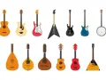 Rząd gitar akustycznych, elektrycznych i banjo obok rzędu lutni, mandolin i balalajki – różnorodne instrumenty muzyczne strunowe.