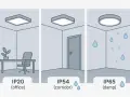Trzy lampy sufitowe: IP20 w biurze, IP54 w korytarzu, IP65 w wilgotnym pomieszczeniu.