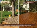 Avant/Après : un bois autoclave vieilli transformé par un saturateur brun. L'entretien redonne vie à la terrasse.