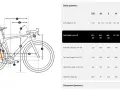 Diagram illustrating bike geometry with labeled measurements and a chart detailing dimensions for various sizes.