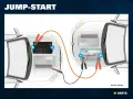 Diagram showing the proper way to hook up a car battery for a jump-start. Red clamp on positive terminal of dead battery, black clamp on negative terminal of donor battery.