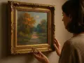 Une femme ajuste un tableau représentant un chemin forestier automnal, son cadre doré orné ajoutant une touche d'élégance.