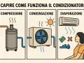 Illustrazione che spiega come funziona il condizionatore: compressione, condensazione ed evaporazione.
