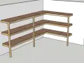 En hörnhylla med flera hyllplan, perfekt för att bygga utdragbar hylla i ett förråd eller garage.