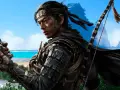 Samurái con arco y máscara, listo para la aventura. ¿cuanto dura Ghost of Tsushima? El juego ofrece muchas horas de exploración.