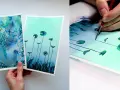 Dos hermosos dibujos a tinta y acuarela de temática acuática. Uno muestra un fondo azul vibrante con burbujas y peces, el otro lirios de agua sobre un fondo turquesa.