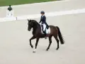 Une cavalière en tenue d'équitation exécute une figure sur son cheval brun. Elle fait partie de la liste des cavaliers français en compétition.