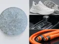 Gránulos de tpe material en un cuenco, zapatillas deportivas, palanca de cambios de coche y cables naranjas.
