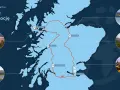 Mapa Szkocji z trasą "Apetyt na Szkocję", pokazująca malownicze miejsca jak Isle of Skye, Glen Coe, Loch Lomond i Edynburg.