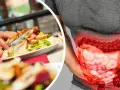 Osoba z bólem brzucha, gdzie widoczny jest jelito grube. Obok sałatka, sugerująca dietę jak oczyścić uchyłki jelita grubego.