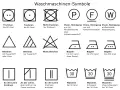 Symbole für Waschmaschinenpflege: Trocknen, Bleichen, Bügeln, chemische Reinigung und Waschen. Ein Symbol zeigt "Waschen ohne Schleudern bei 30 Grad".