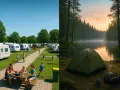 Dwa oblicza campingu: rodzinny wypoczynek na kempingu z przyczepami i samotny nocleg w namiocie nad jeziorem o wschodzie słońca.