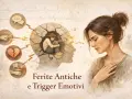 Una donna con la mano sul cuore, mentre dentro la sua testa si frantuma, evocando il pensare di aver fatto cose non fatte.