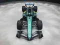El Aston Martin F1 2026, un coche de carreras verde y negro con alerones aerodinámicos y patrocinadores como Aramco y Cognizant.