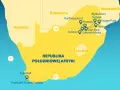 Mapa pokazuje Republikę Południowej Afryki, Botswanę, Namibię i Mozambik. Lesotho leży na południe od Johannesburga, otoczone przez RPA.