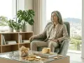 Una mujer elegante, como una reina de oros tarot amor, reflexiona sentada en un sillón, rodeada de plantas y monedas doradas.