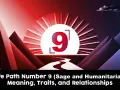 Droga życiowa numerologiczna 9, symbolizowana przez wielką cyfrę 9, prowadzi przez górzysty krajobraz.