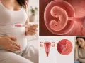 Ciąża: test pozytywny, zarodek w 7 tygodniu, macica, implantacja i kobieta z bólem głowy.
