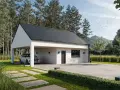 Nowoczesny biały garaż murowany z carportem i samochodem, otoczony zielenią i lasem.