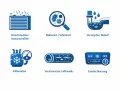 Icons zeigen Probleme mit der Klimaanlage: verschmutzter Filter, Bakterien, verstopfter Ablauf, Kältemittel, schmutzige Kanäle und falsche Nutzung. Klimaanlagen Desinfektion Auto ist wichtig.