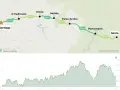 Mapa del **camino de Santiago en 6 etapas**, con perfil de altitud. Muestra la ruta desde Sarria hasta Santiago, con puntos clave y distancias.