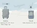 Co to znaczy walizka kabinowa? Ilustracja porównuje wymiary walizki (55x38x20 cm, 7 kg) i plecaka (40x30x15 cm) na tle samolotu i chmur.