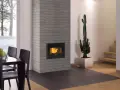 Camino a pellet con fiamme vive, un cactus e un tavolo da pranzo. Il pellet migliore qualità per un ambiente caldo.