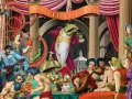 Surrealist collage z żabą w stroju, ludźmi i antycznymi elementami.
