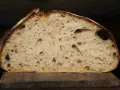 Schnitt eines rustikalen Pain au Levain mit luftiger Krume und knuspriger Kruste.