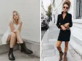 Due donne con stivaletti e vestiti eleganti. Una con abito bianco e stivaletti neri, l'altra con abito nero e stivaletti marroni.
