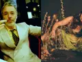 Baxter Dury, aylesbury boy, w żółtym koszuli i garniturze, gestykuluje. Obok Jgrrey w zwiewnej sukni wśród roślin.