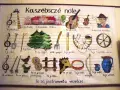 Kaszëbsczé nóté: ilustracja przedstawia instrumenty i symbole kaszubskie, od skrzypiec po koło wozne.