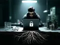 Haker w kapturze pracuje przy laptopie z symbolem kłódki. Pod stołem wyrastają korzenie, symbolizujące ukryty **rootkit**.