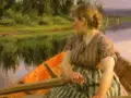 En kvinna ror i en båt, en klassisk scen av anders zorn konst. Vattnet speglar den gröna naturen.