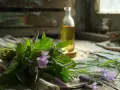Gojnik z żywokostem i butelką oleju na drewnianym stole. Zioła do domowych mikstur.