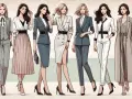 Eleganckie kobiety prezentują różne warianty dress code biznesowy damski: garnitury, spódnice i płaszcze.