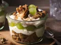 Ein Glas mit cremigem Dessert, geschichtet mit grünen Trauben, zerbröselten Keksen und Nüssen. Ein köstliches Trauben-Cookie-Dessert, perfekt für jeden Anlass.