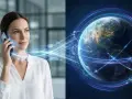 Kobieta rozmawia przez telefon, a dane płyną do satelitów krążących wokół Ziemi, symbolizując globalną łączność i **VoLTE**.