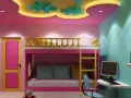 Cameretta con letto a castello, scrivania e decorazioni a soffitto. Idee cartongesso cameretta per un ambiente colorato e funzionale.