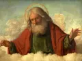 Bóg Ojciec z długą siwą brodą i włosami, otoczony chmurami, w czerwonym płaszczu i zielonej szacie, z aureolą.