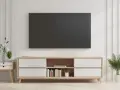 Un salón moderno con una tv colgada en la pared sin cables visibles. Un mueble bajo de madera clara con cajones blancos y estantes con libros y plantas.