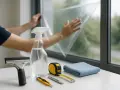 Person bringt Fensterfolie an. Werkzeuge wie Rakel, Sprühflasche, Cutter, Maßband und Tuch liegen bereit.