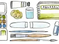Palette d'aquarelle, pinceaux, tube de gouache, carnet, gomme, crayons et stylos. Tout le materiel paysage pour peindre.