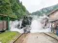 Para z parą z lokomotywy na stacji w Bieszczadach. Rodziny z dziećmi z zachwytem obserwują pociąg.