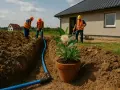 Pracownicy w kamizelkach wykonują przyłącze wody, układając niebieską rurę w wykopie. W doniczce obok rośnie kwiat.