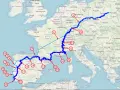 Trasa z Magdeburga do Lizbony, obejmująca wybrzeże lizbońskie, z zaznaczonymi punktami i miastami Europy.
