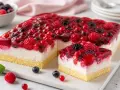 Saftige beerentorte ohne backen mit Himbeeren, Blaubeeren und Johannisbeeren in klarem Gelee auf luftiger Creme.
