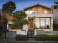 Moderna casa con **fachadas microcemento**, madera y grandes ventanales. Jardín cuidado y entrada acogedora.